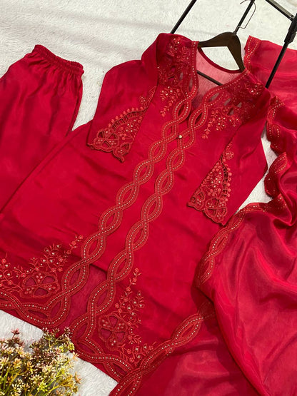 Classy Red Color Mal Chanderi Stylish Embroidered Work Kurti Set