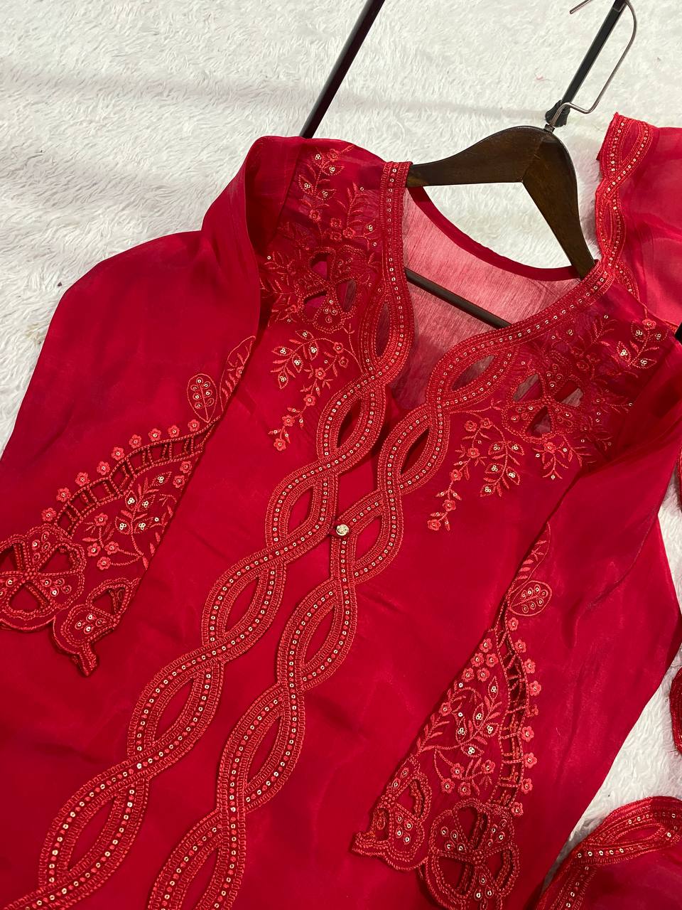 Classy Red Color Mal Chanderi Stylish Embroidered Work Kurti Set