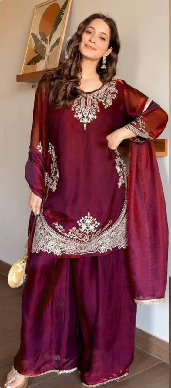 Dazzling Maroon Color Embroidered Fancy Lace Work Palazzo Suit