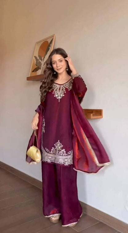 Dazzling Maroon Color Embroidered Fancy Lace Work Palazzo Suit