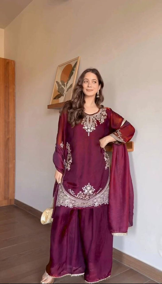 Dazzling Maroon Color Embroidered Fancy Lace Work Palazzo Suit