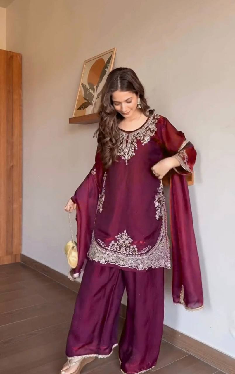 Dazzling Maroon Color Embroidered Fancy Lace Work Palazzo Suit