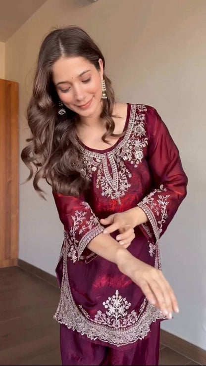 Dazzling Maroon Color Embroidered Fancy Lace Work Palazzo Suit