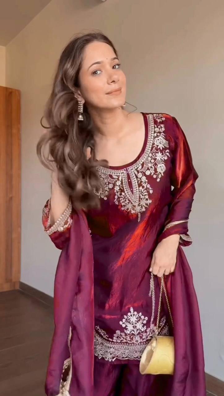 Dazzling Maroon Color Embroidered Fancy Lace Work Palazzo Suit