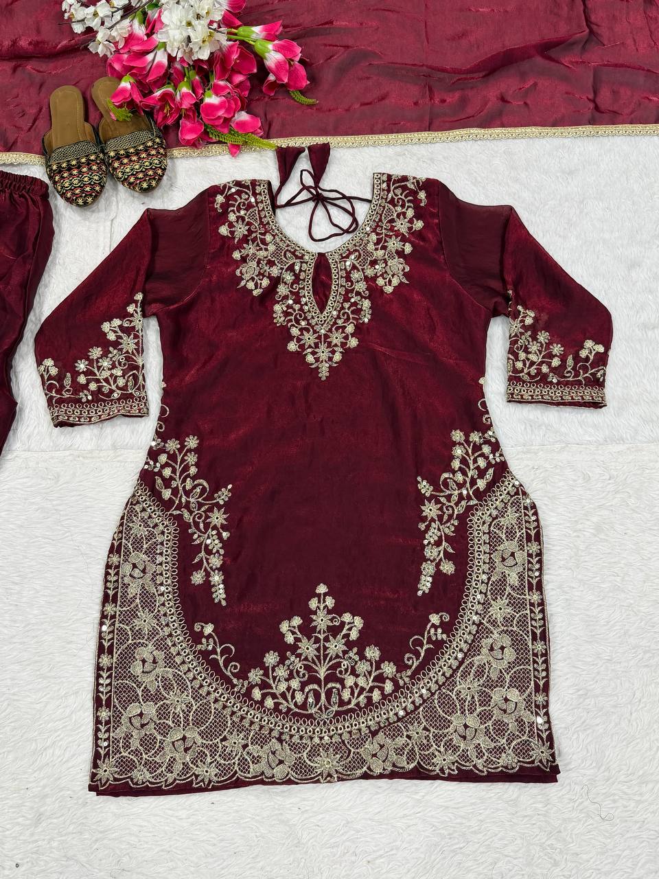 Dazzling Maroon Color Embroidered Fancy Lace Work Palazzo Suit