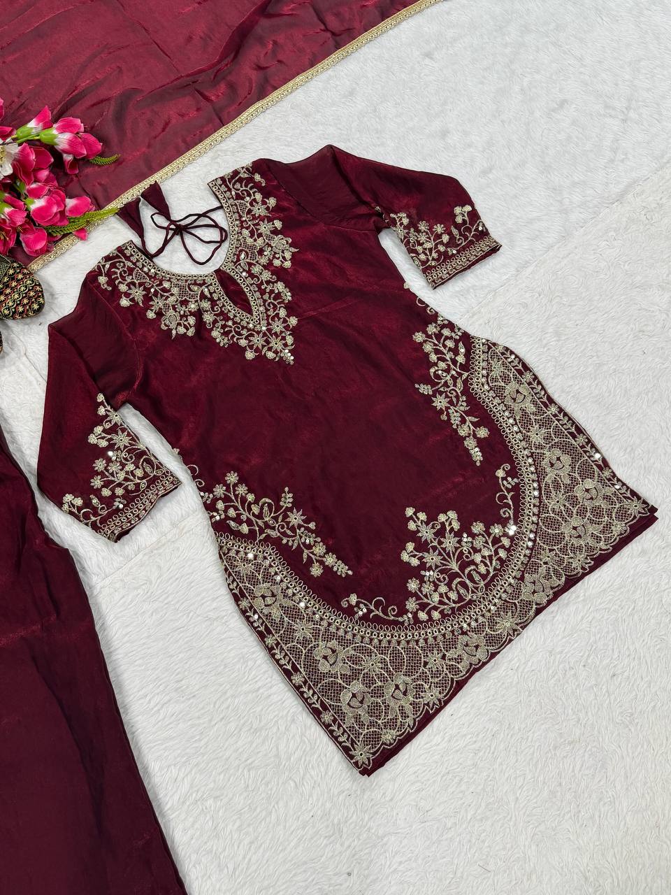 Dazzling Maroon Color Embroidered Fancy Lace Work Palazzo Suit