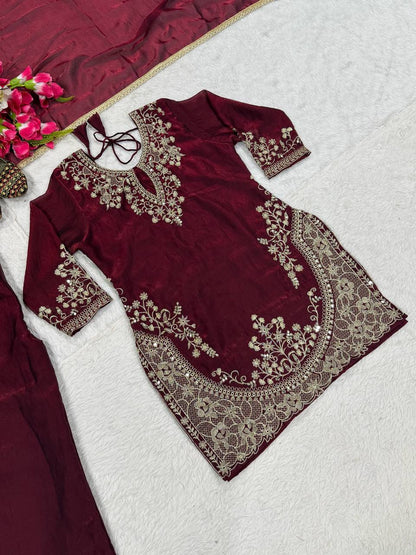 Dazzling Maroon Color Embroidered Fancy Lace Work Palazzo Suit