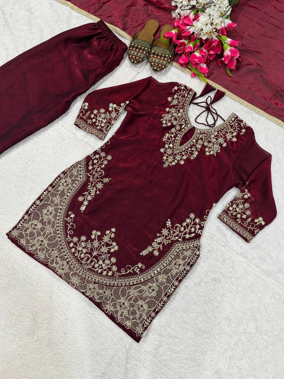 Dazzling Maroon Color Embroidered Fancy Lace Work Palazzo Suit