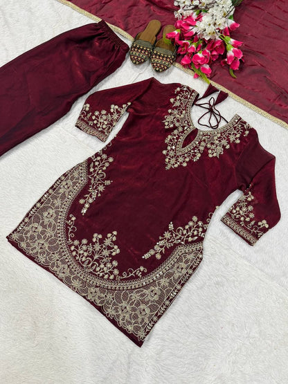 Dazzling Maroon Color Embroidered Fancy Lace Work Palazzo Suit
