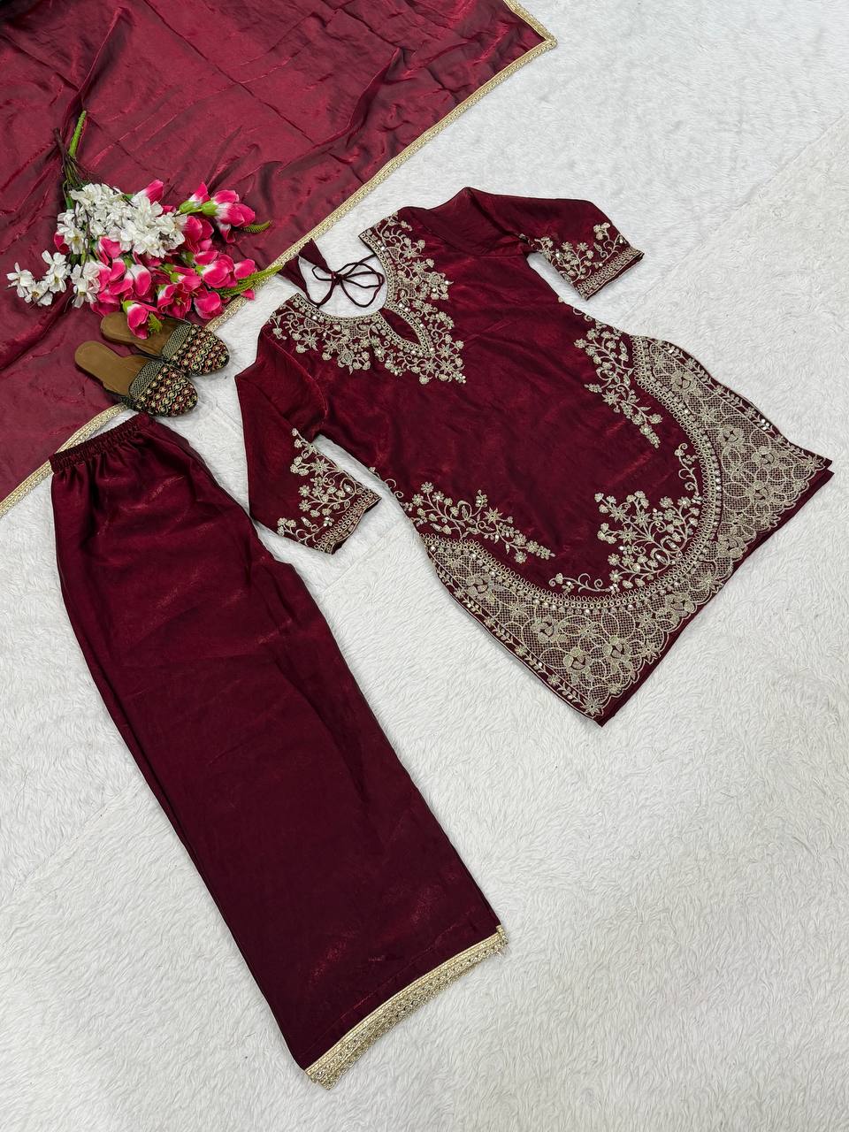 Dazzling Maroon Color Embroidered Fancy Lace Work Palazzo Suit