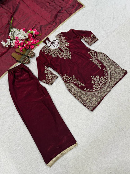 Dazzling Maroon Color Embroidered Fancy Lace Work Palazzo Suit