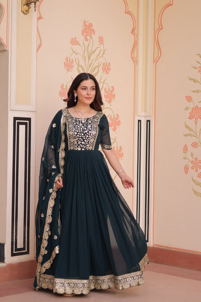 Engagement Wear Black Color Faux Blooming Fabric Adorned With Rich Embroidery Zari And Sequin Work Gown