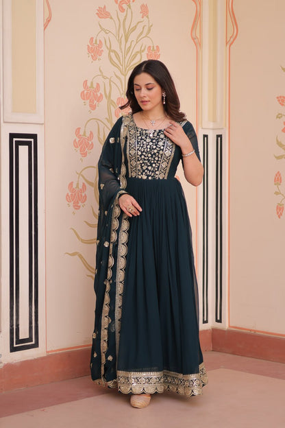 Engagement Wear Black Color Faux Blooming Fabric Adorned With Rich Embroidery Zari And Sequin Work Gown