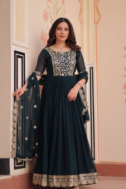 Engagement Wear Black Color Faux Blooming Fabric Adorned With Rich Embroidery Zari And Sequin Work Gown