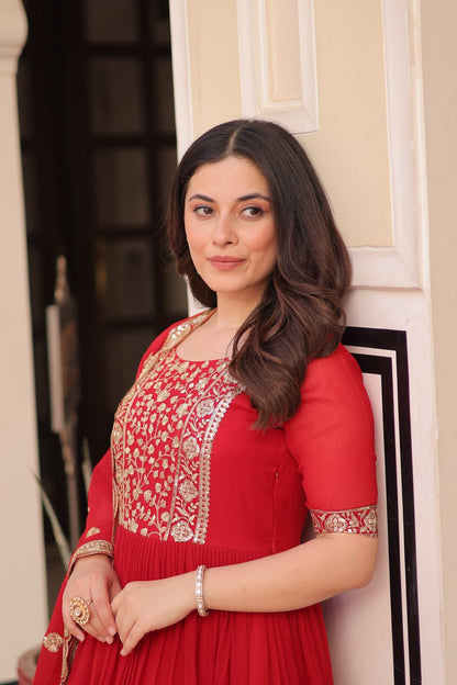Engagement Wear Red Color Faux Blooming Fabric Adorned With Rich Embroidery Zari And Sequin Work Gown