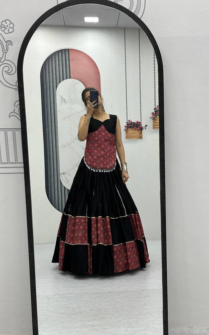 Traditional Wear Black Color Pure Cotton With Traditional Ajarakh Printed Designer Navratri Lehenga Choli