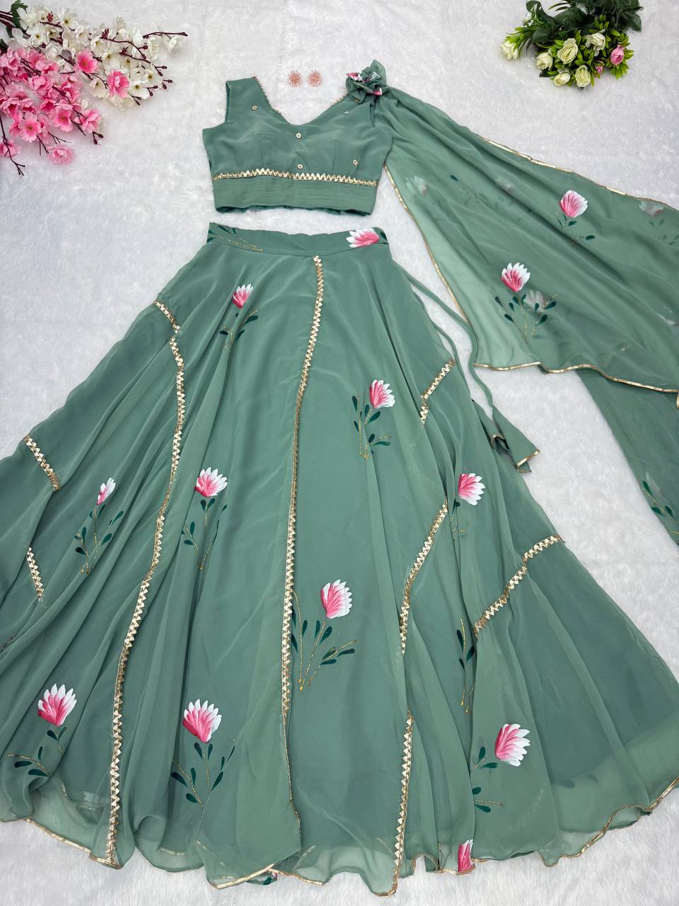 Elegant Georgette Hand Painted Designer Lehnga Choli