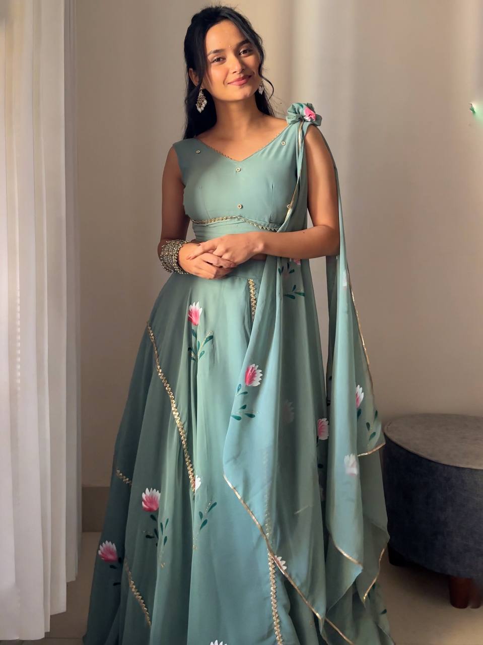 Elegant Georgette Hand Painted Designer Lehnga Choli