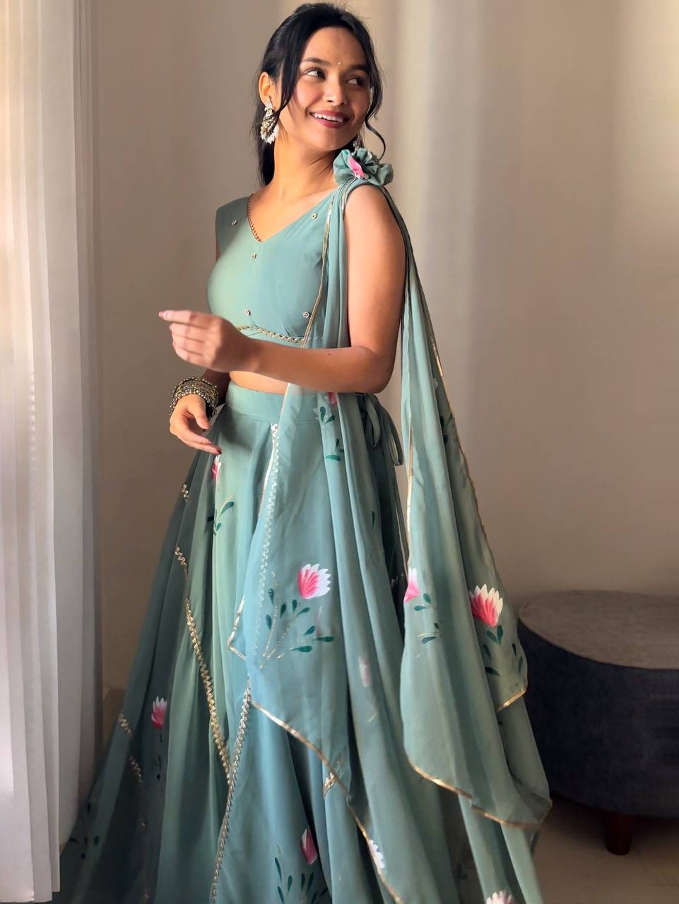 Elegant Georgette Hand Painted Designer Lehnga Choli