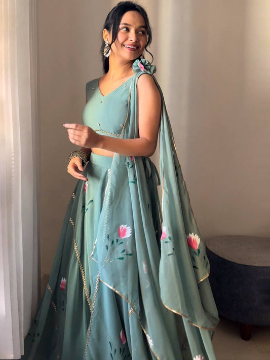 Elegant Georgette Hand Painted Designer Lehnga Choli