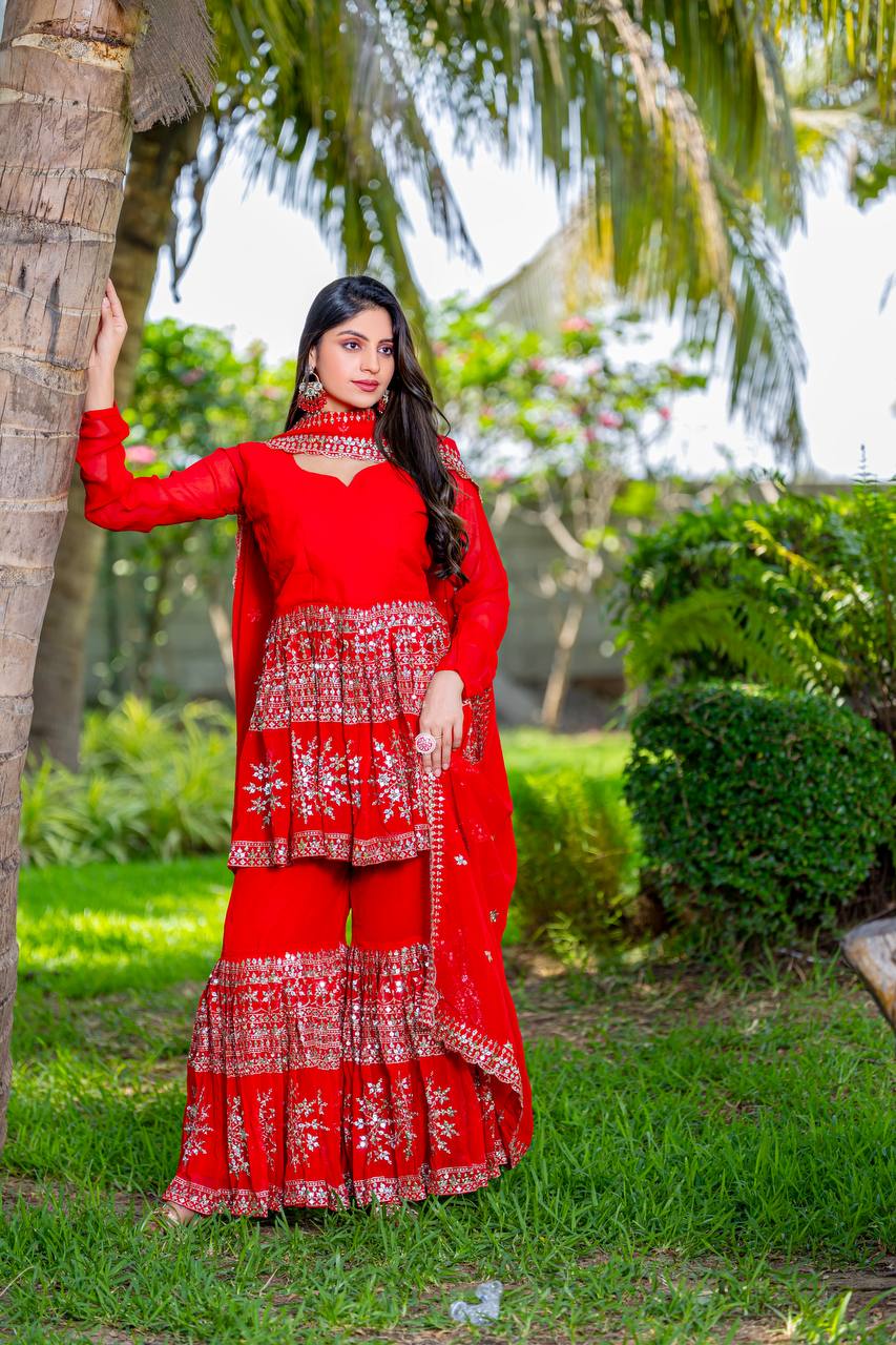 Wedding Wear Red Color Heavy Faux Georgette With Heavy Embroidery Work Sharara Suit