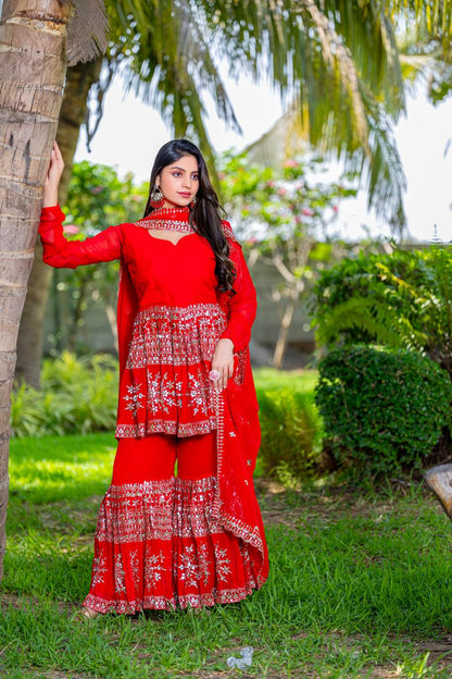 Wedding Wear Red Color Heavy Faux Georgette With Heavy Embroidery Work Sharara Suit