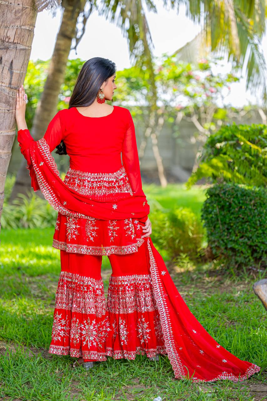 Wedding Wear Red Color Heavy Faux Georgette With Heavy Embroidery Work Sharara Suit