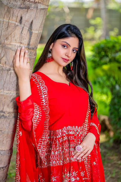 Wedding Wear Red Color Heavy Faux Georgette With Heavy Embroidery Work Sharara Suit