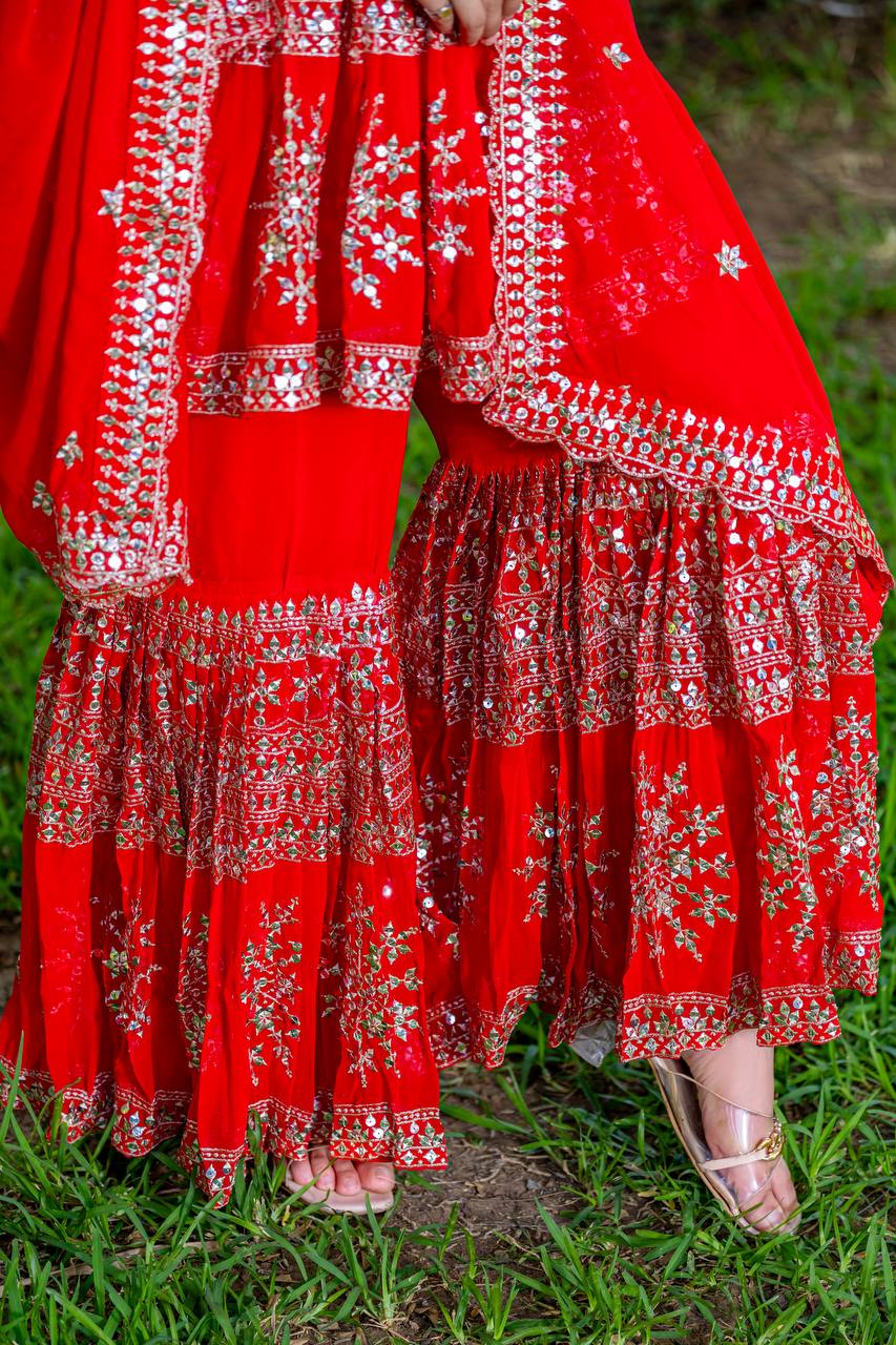 Wedding Wear Red Color Heavy Faux Georgette With Heavy Embroidery Work Sharara Suit