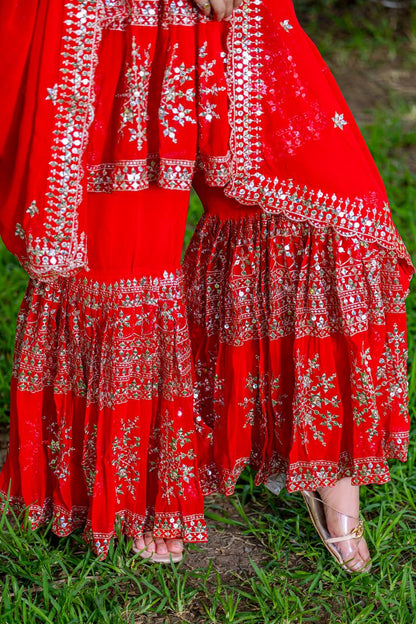 Wedding Wear Red Color Heavy Faux Georgette With Heavy Embroidery Work Sharara Suit