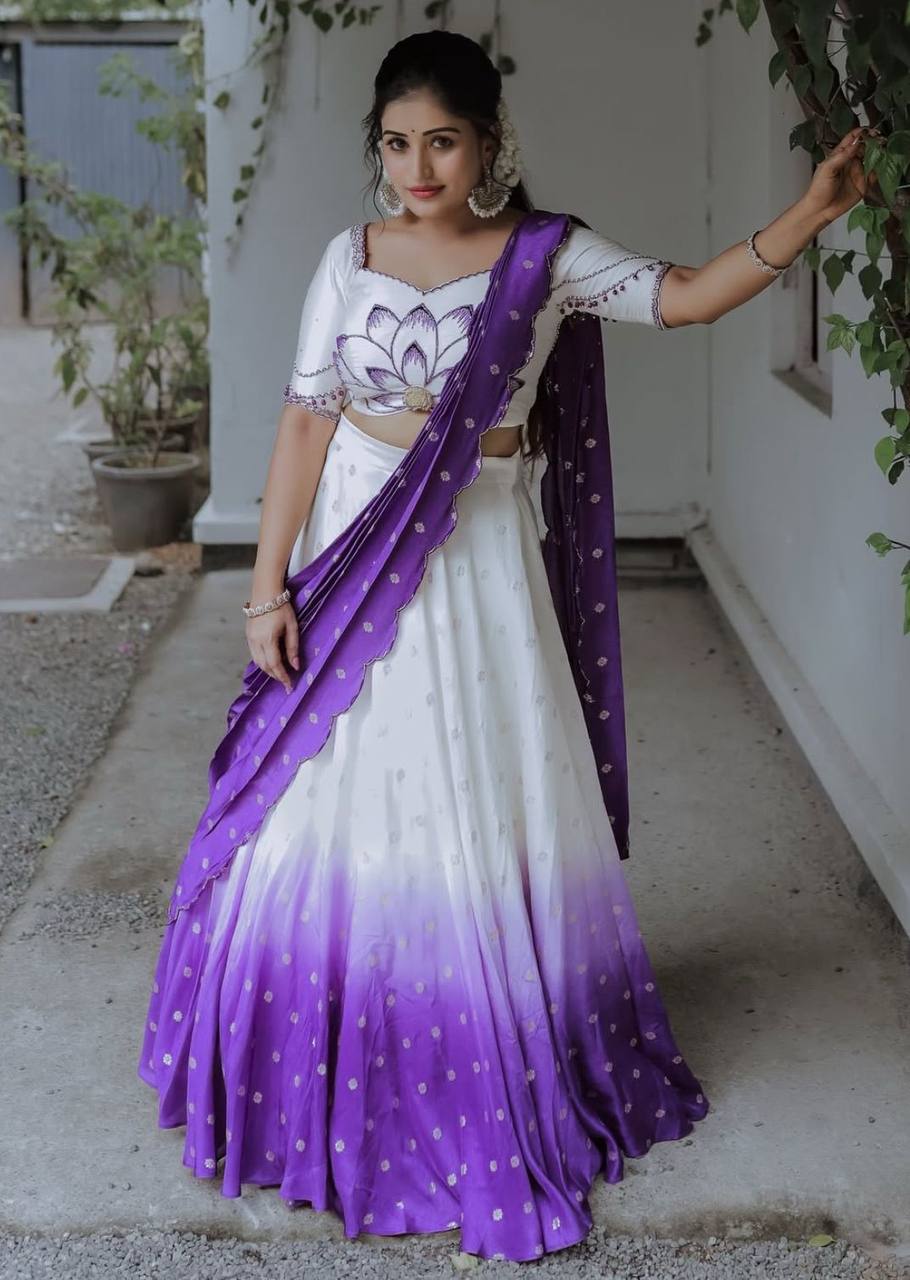 Gorgeous Purple Color Chinon With Real Hand Work With Digital Printed Designer Lehenga Choli