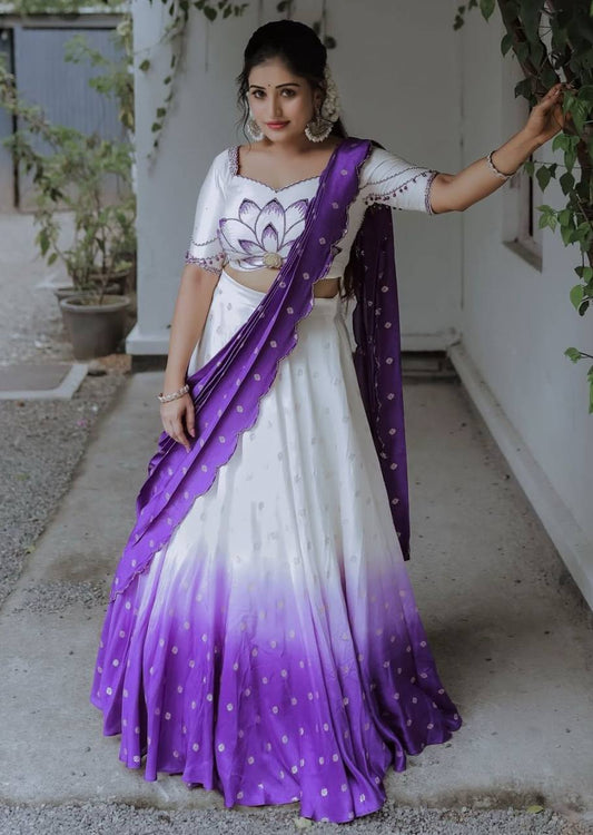 Gorgeous Purple Color Chinon With Real Hand Work With Digital Printed Designer Lehenga Choli