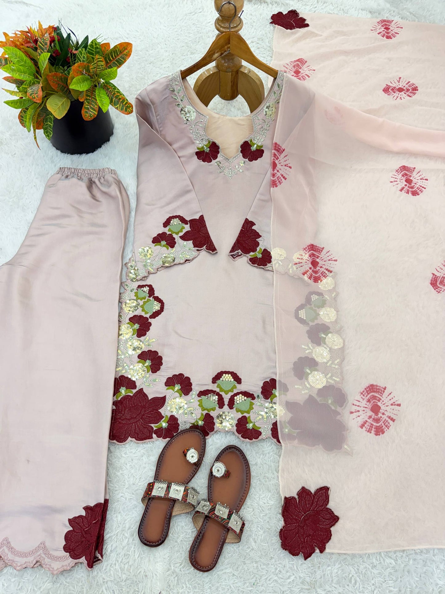 Charming Off White Color Sequence Multi Work Palazzo Suit