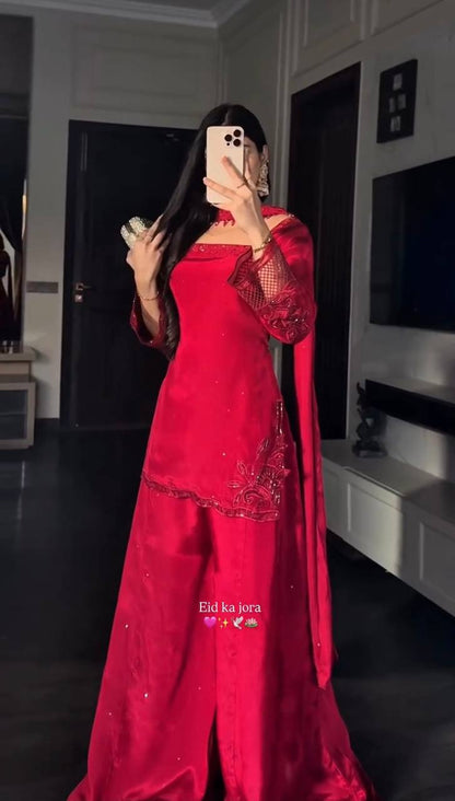 Delightful Red Color Heavy Beads Handwork With Sequence Embroidered Sharara Suit