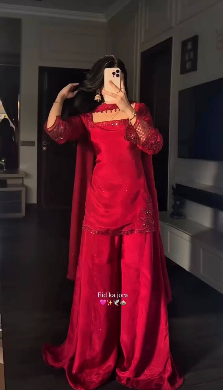 Delightful Red Color Heavy Beads Handwork With Sequence Embroidered Sharara Suit