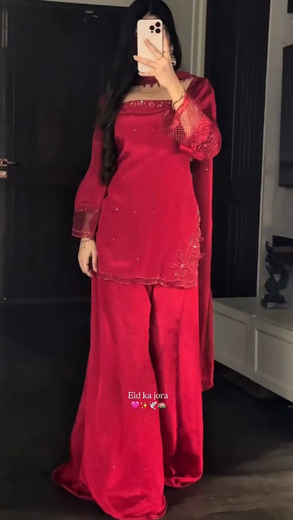 Delightful Red Color Heavy Beads Handwork With Sequence Embroidered Sharara Suit