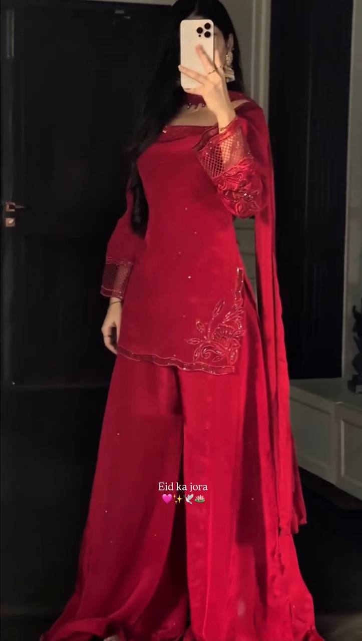 Delightful Red Color Heavy Beads Handwork With Sequence Embroidered Sharara Suit