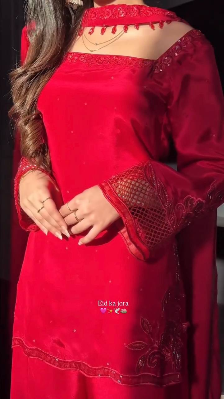 Delightful Red Color Heavy Beads Handwork With Sequence Embroidered Sharara Suit