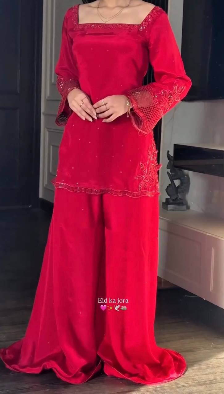 Delightful Red Color Heavy Beads Handwork With Sequence Embroidered Sharara Suit