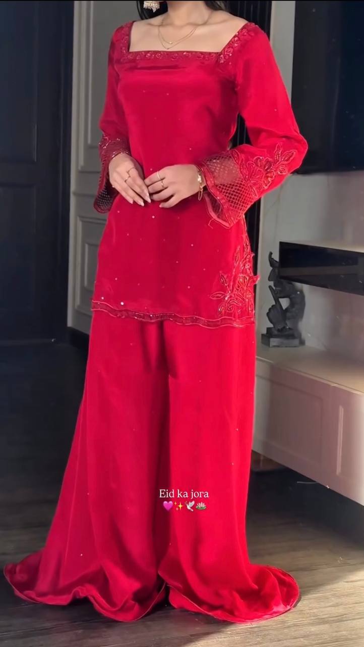 Delightful Red Color Heavy Beads Handwork With Sequence Embroidered Sharara Suit