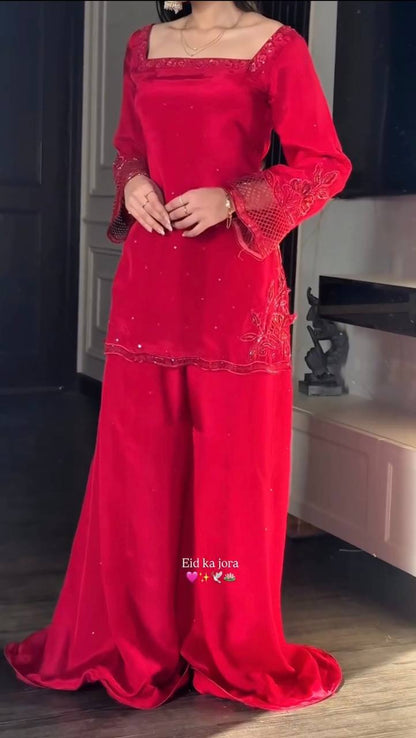 Delightful Red Color Heavy Beads Handwork With Sequence Embroidered Sharara Suit