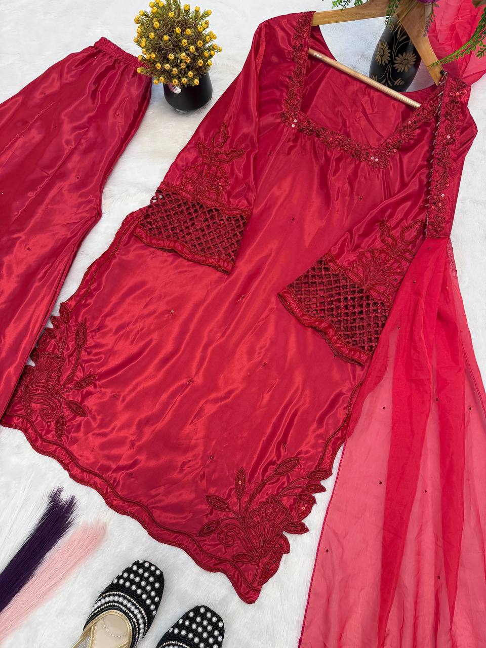 Delightful Red Color Heavy Beads Handwork With Sequence Embroidered Sharara Suit