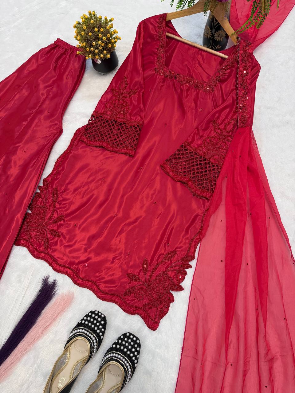 Delightful Red Color Heavy Beads Handwork With Sequence Embroidered Sharara Suit