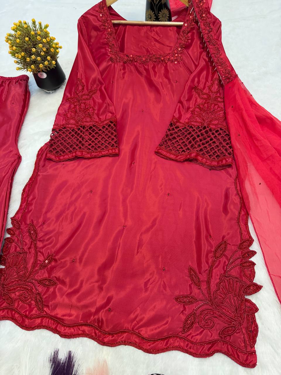 Delightful Red Color Heavy Beads Handwork With Sequence Embroidered Sharara Suit