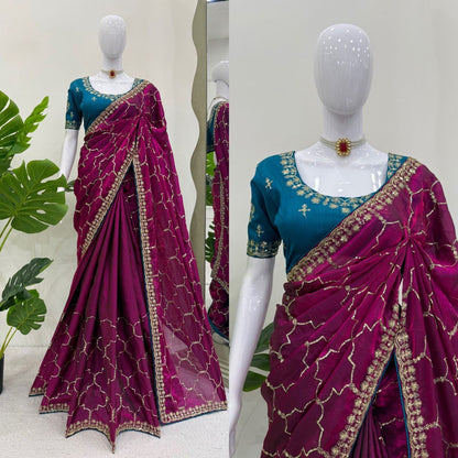 Ceremony Wear Wine Color Jimmy Chu Thread And Sequin Embroidery Work Beautiful Saree