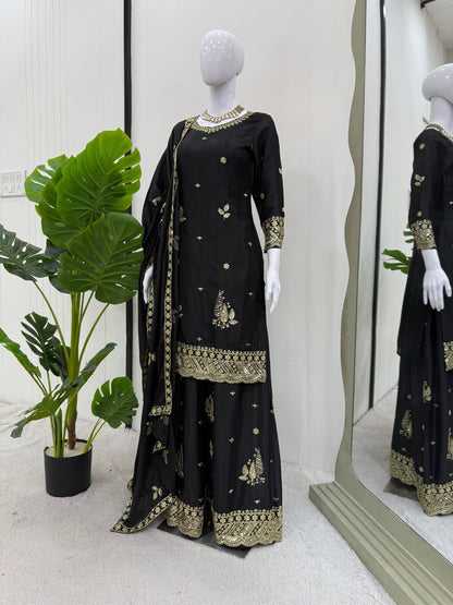 Festive Wear Black Color Chinon Silk With Thread And Sequin Embroidery Work Beautiful Palazzo Suit