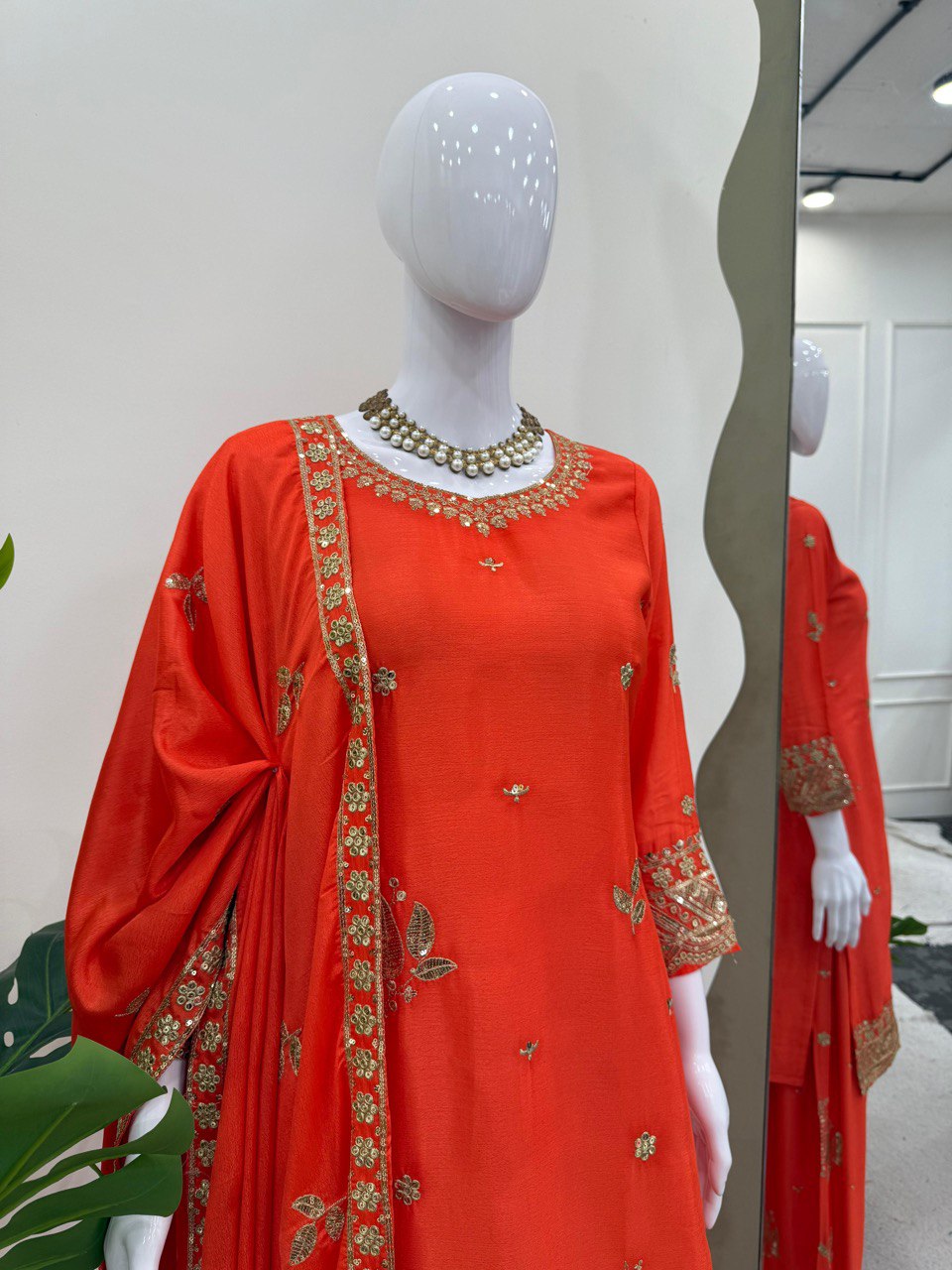 Function Wear Orange Color Chinon Silk With Thread And Sequin Embroidery Work Beautiful Palazzo Suit