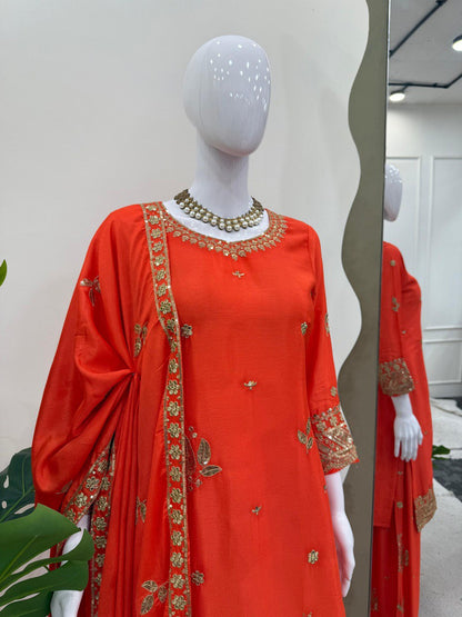 Function Wear Orange Color Chinon Silk With Thread And Sequin Embroidery Work Beautiful Palazzo Suit