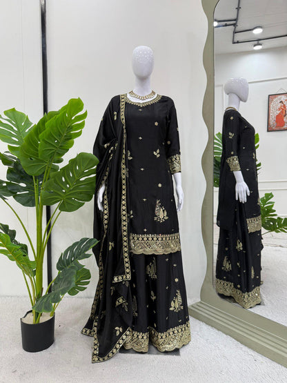 Festive Wear Black Color Chinon Silk With Thread And Sequin Embroidery Work Beautiful Palazzo Suit
