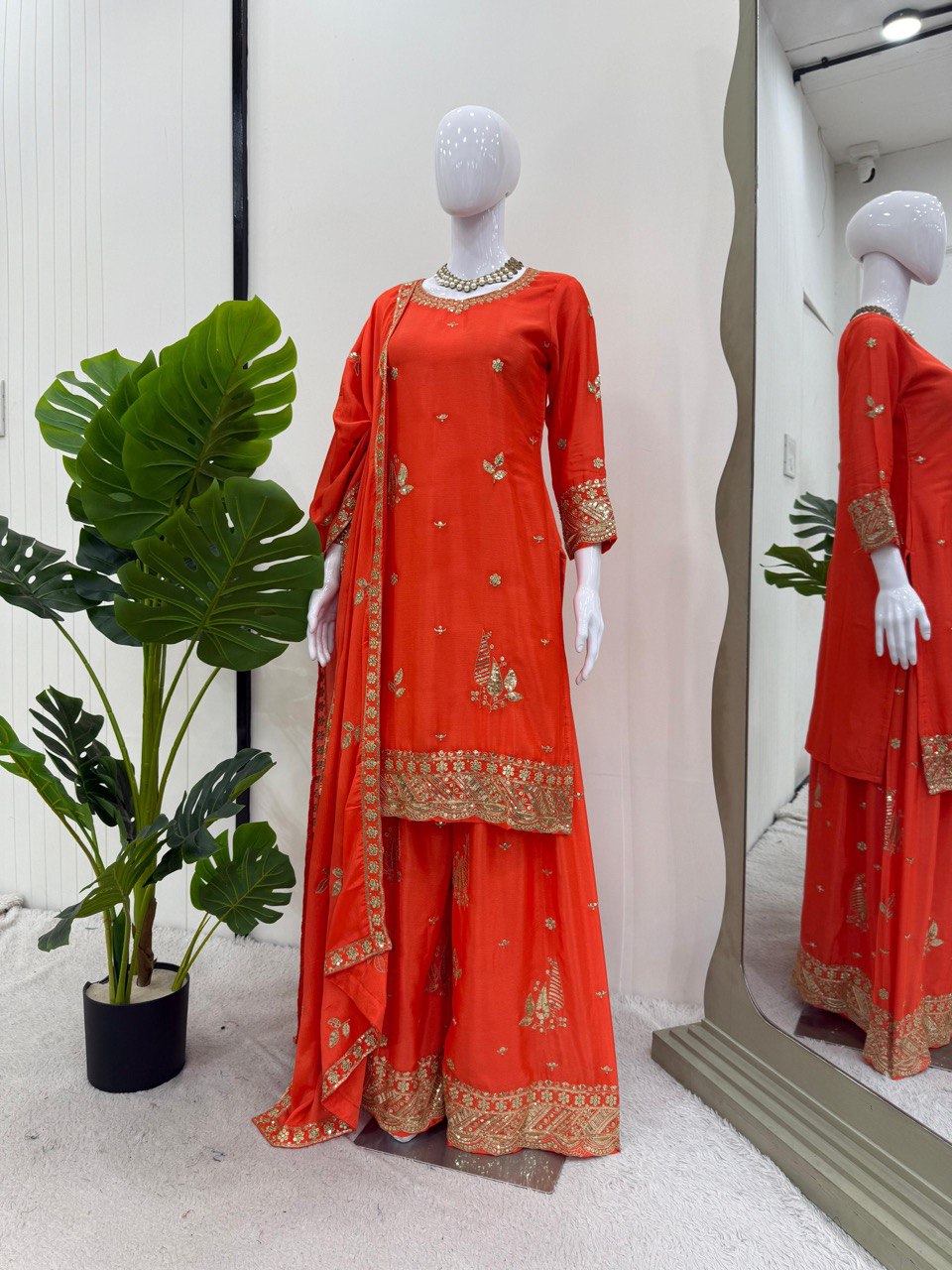 Function Wear Orange Color Chinon Silk With Thread And Sequin Embroidery Work Beautiful Palazzo Suit